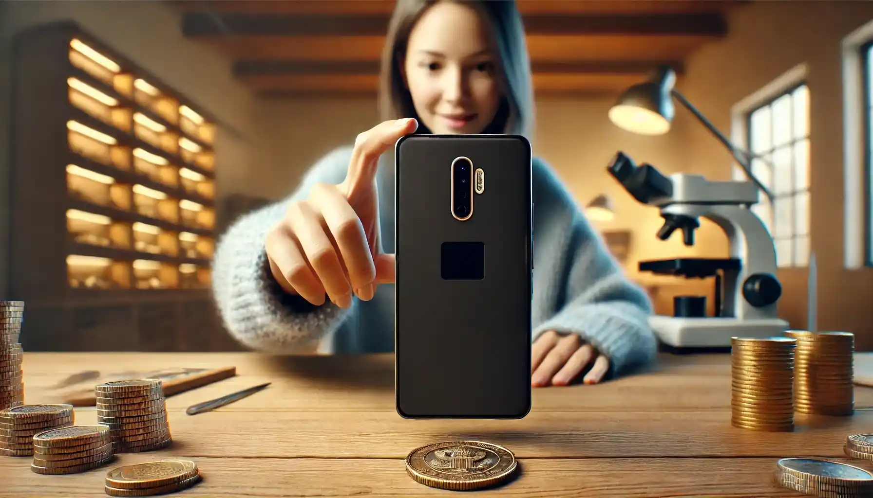 A woman collector is smiling and scanning a coin with her smartphone with the Coin ID Scanner app.