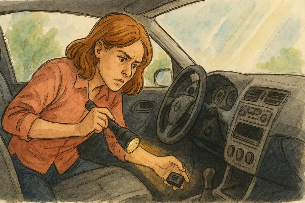 A woman searches for a GPS tracker in her car.