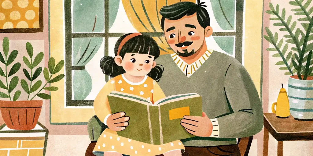 Dad reads a book to his little daughter