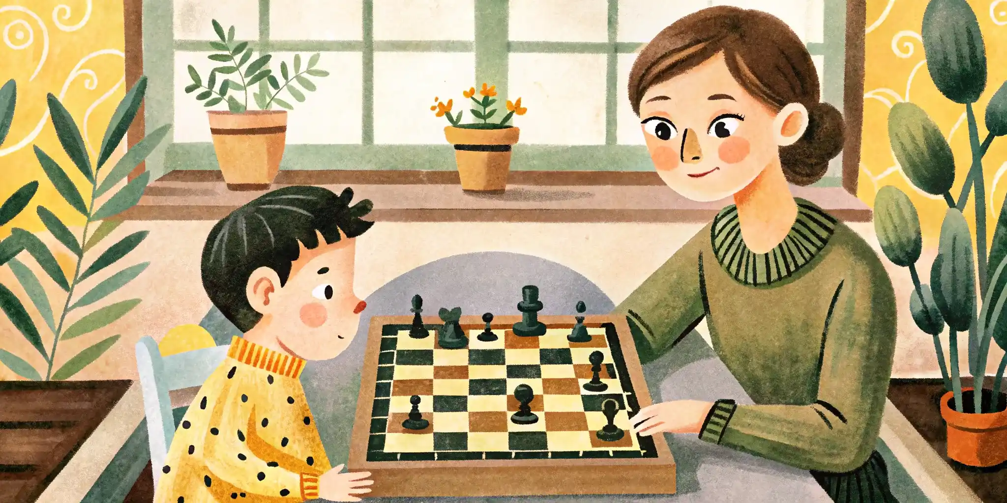 Mom plays chess with her son
