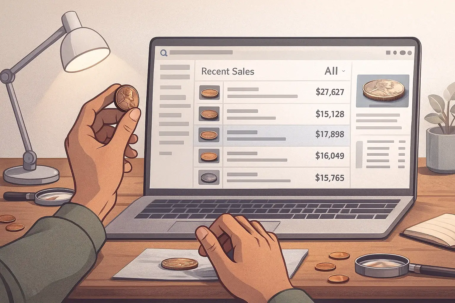 A collector scrolls through the online auction page in search of expensive error coins.