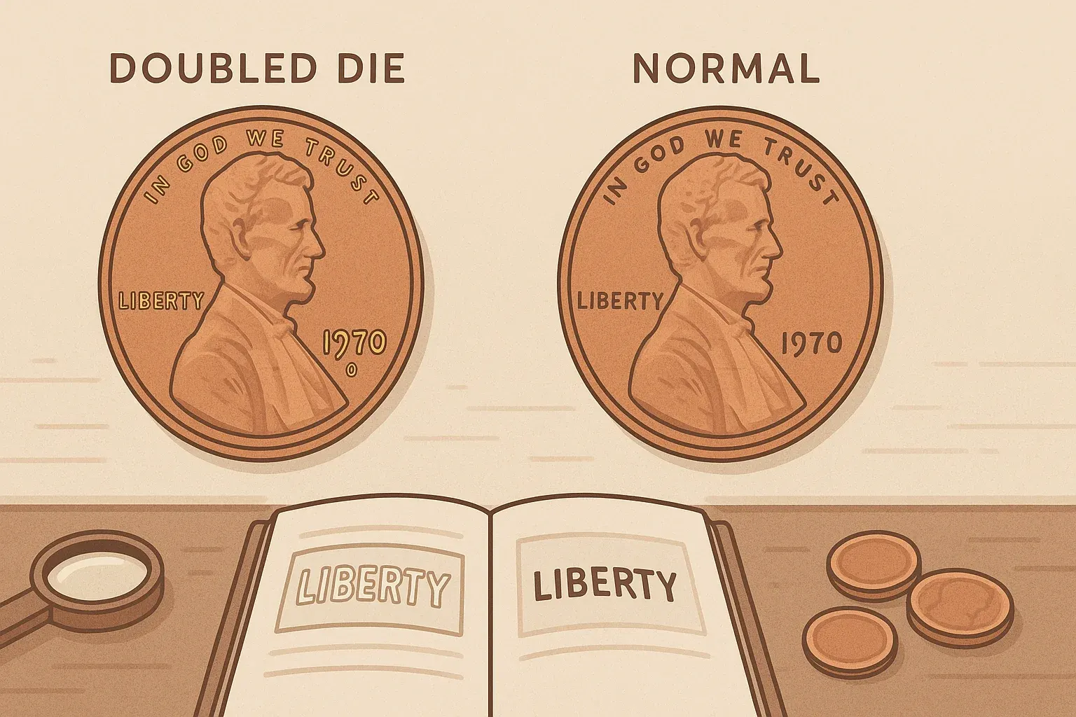 A comparison of a normal penny with an error one.